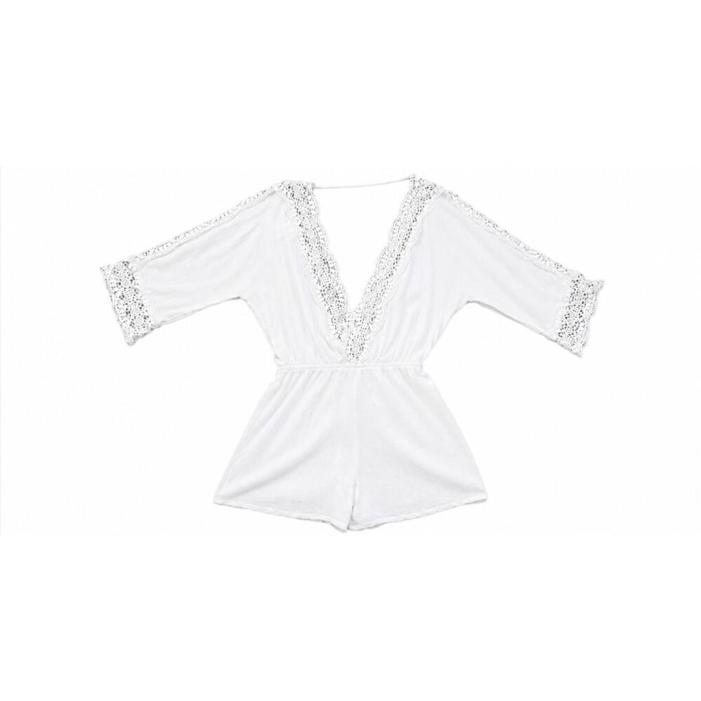 La Blanca Ivory Crochet Lace Trim Plunge V Neck Cover Up Romper Beach Boho XS